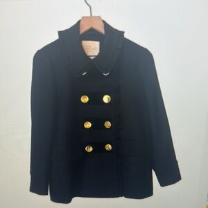 Kate Spade Black Ruffle Velvet Trim Gold Button Winter Fall Wool Blend Coat